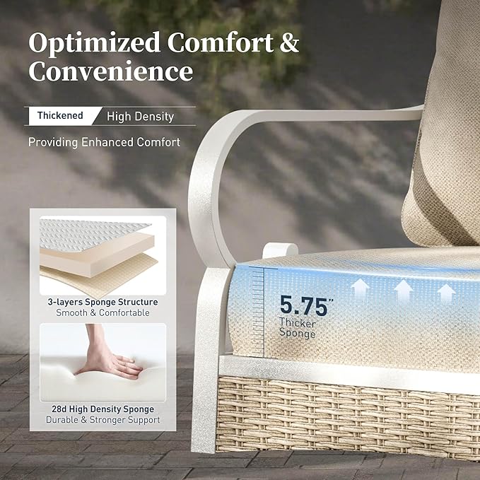 4 PCS Metal Outdoor Patio Furniture Set, Patio Conversation Set 1 3-seater Sofa, 2 Rocking Chairs with 5.75" Extra Thick Cushion and Coffee Table, White Frame Backyard Furniture, Beige