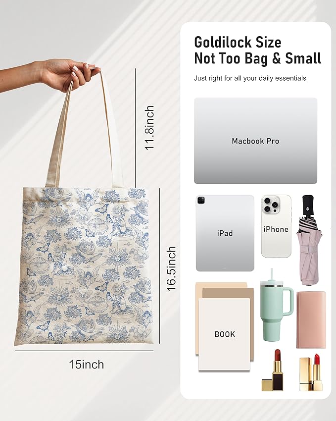 Canvas Tote Bag with Aesthetic Prints, Cute Tote Bag for Women Girls with Wide Strap, Gifts for Cat Book Lovers