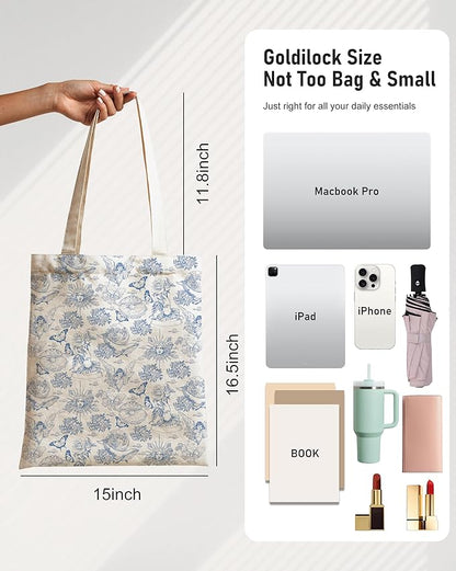 Canvas Tote Bag with Aesthetic Prints, Cute Tote Bag for Women Girls with Wide Strap, Gifts for Cat Book Lovers