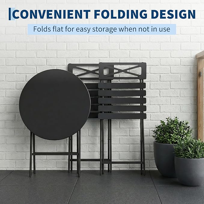 Outdoor Round Bistro Set 3 Piece, Black Iron Patio Furniture Set with Round Table & 2 Chairs, Foldable Steel Backyard Deck Porch Garden Furniture, Space Saving Outdoor Dining Set for Small Spaces