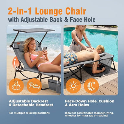 Tanning Chair with Face Hole & Canopy, 28'' Extra Wide, Support 400LBS | Folding Chaise Lounge Chair with 4-Position Adjustable Backrest for Beach, Pool, Patio & Camping, Light Grey
