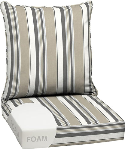 Arden earthFIBER Outdoor Foam Deep Seat Cushion Set, 24x24, Premium High-Density Foam, Never Flattens, Weather-Proof for Patio Chair Sofa Couch, Taupe Grey Boardwalk Stripe