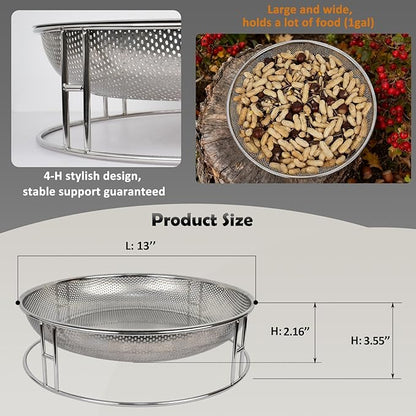 13-Inch Ground Feeding Platform for Birds, Squirrels, Ducks, Chicken, Stainless Steel Bird Feeders Combination with Additional Hanging Mesh Tray, Attracting Small Creatures for Backyard, Patio