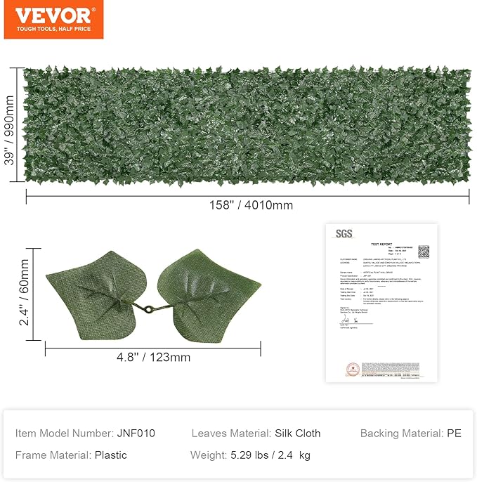 VEVOR Artificial Ivy Privacy Fence Screen, 39 x 158 in Faux Ivy Vine Leaf Hedges Fence, Greenery Privacy Fence with Mesh Cloth Backing, Green Wall Decoration for Outdoor Garden, Yard, Balcony
