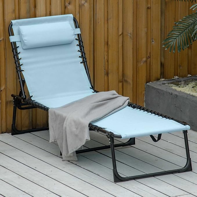 Outdoor Lounge Chair, Tanning Chair with Sunshade Roof, Adjustable Backrest Folding Chaise Lounge with Pillow Headrest for Outside, Beach, Camping, Hiking (No Sunshade Roof, Light Blue)