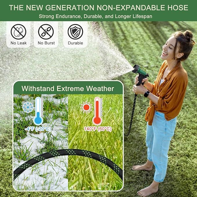 Garden Hose Non-Expandable 100 ft, Lightweight Flexible Water Hose with 10 Function Spray Nozzle, Outdoor Leak Proof, Kink-Free, Portable Hose for Yard, Lawn, Camper, High-Density Fabric, Black Green