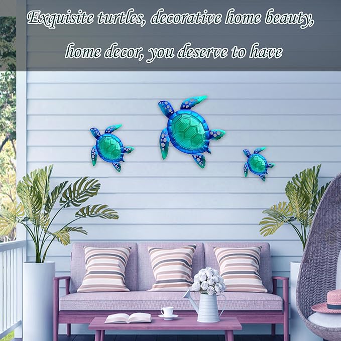 JOYBee Sea Turtle Wall Art Decor, Metal & Glass Sea Life Nautical Home Wall Hanging Decor,Ocean Theme Coastal Decorations for Indoor Outdoor Bathroom and Garden-Blue（Set of 3）