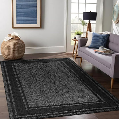 Beverly Rug Outdoor Rug 6x9 Modern Bordered Area Rugs for Indoor and Outdoor Patio Deck Porch Garden Waterproof Weather Sun Resistant Washable Outside Carpet (6 x 9 Black)