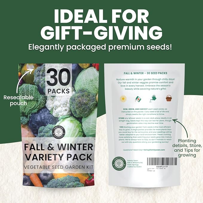 Fall & Winter Seed Variety Pack | 30 Invidiual Packs | 2026 Season | Non-GMO | Beets, Arugula, Carrots, Lettuce & More! | for Planting Indoor & Outdoor | by Family Sown