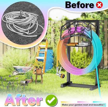Garden Hose Holder, Metal Water Hose Holder with Storage Basket, Heavy Duty 4 Spikes Hose Hanger Holds 150 Feet Hoses, Freestanding Hose Storage Reel Rack for Outdoor Yard Lawn,Coil