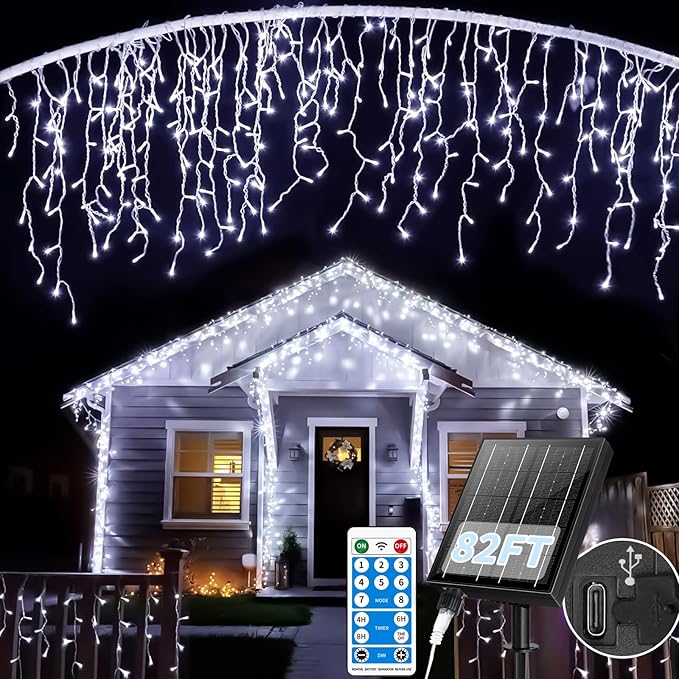 Solar Icicle Lights for Outside - 82Ft 660 LED Solar Powered Christmas Lights Outdoor Waterproof with Remote, Cool White LED Icicle String Lights for Halloween Wedding Patio Balcony Roof Decor