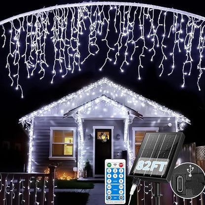 Solar Icicle Lights for Outside - 82Ft 660 LED Solar Powered Christmas Lights Outdoor Waterproof with Remote, Cool White LED Icicle String Lights for Halloween Wedding Patio Balcony Roof Decor