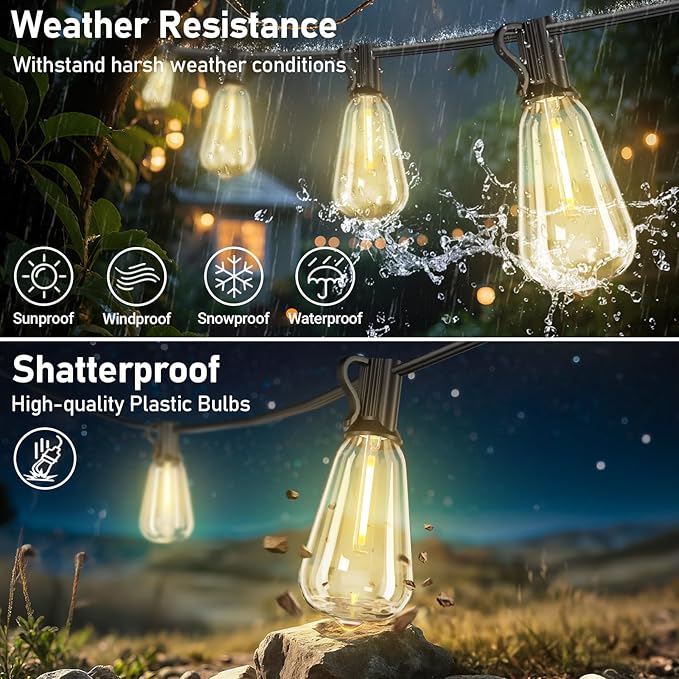 100FT Outdoor Solar String Lights with Remote, USB Rechargeable LED Patio Lights with 52 Timer Dimmable ST38 Edison Bulbs, Enhanced 5W Solar Panel Outside Hanging Lights for Porch Garden Deck Backyard