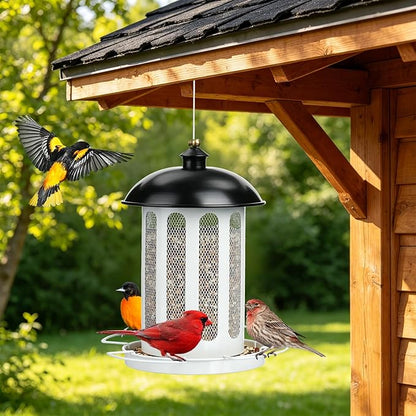 Bird Feeder, Large Capacity Bird Feeders for Outdoor Hanging, Heavy Duty Metal Wild Birdfeeder for Outside Garden Yard Decor, Retro Lantern Shape (Black & White)