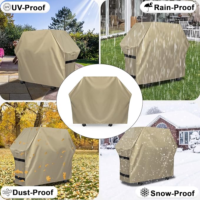 OutdoorLines Waterproof Heavy Duty BBQ Grill Cover - Universal Barbecue Grill Covers UV Resistant Barbeque Gas Grill Cover for Outdoor Outside Grill, 58L x 24W x 44H Inch, Camel