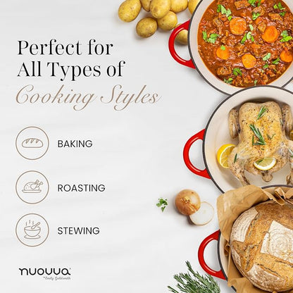 Nuovva Enamelled Cast Iron Dutch Oven Pot with Lid-6.4 Quart Non Stick Casserole Pot-Heavy Duty & Oven Safe up to 500° F for Bread Baking, Braising, Stews, Roasting - 28cm Red