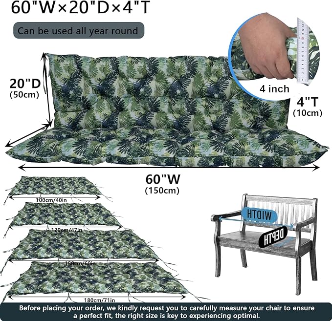 Outdoor Swing Cushions 3 Seater Waterproof, Replacement Bench Cushions for Outdoor Patio Furniture with Backrest, Porch Swing Cushion with Ties for Lawn and Garden (Palm, 40x60in)