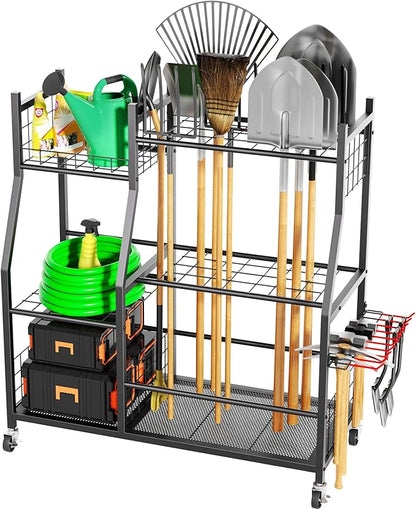 Garden Tool Organizer with Wheels for Garage, Freestanding Garage Tool Organizer, Yard Tool Holder, Garden Tool Cart for Long Handled Tools,Rakes, Brooms, Yard Storage Rack for Shed, Indoor, Outdoor