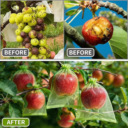 GliSun 100Pcs Fruit Protection Bags 6x9 Inch, Green Mesh Netting Cover with Drawstring Pest Barrier for Grapes Tomato Strawberry Blueberry - Garden Supplies for Vegetables & Fruit Trees