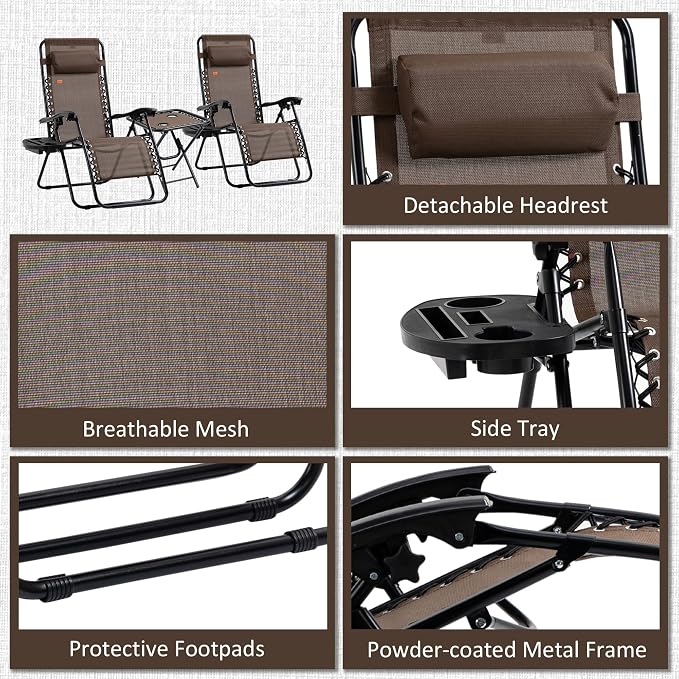 Outsunny Zero Gravity Chair Set with Side Table, Folding Reclining Chair with Cupholders & Pillows, Adjustable Lounge Chairs for Pool, Backyard, Lawn, Beach, Brown