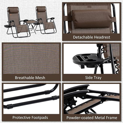 Outsunny Zero Gravity Chair Set with Side Table, Folding Reclining Chair with Cupholders & Pillows, Adjustable Lounge Chairs for Pool, Backyard, Lawn, Beach, Brown