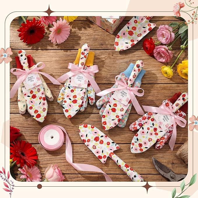 Sliner 12 Sets Floral Garden Shovels and Gloves Bulk Gardening Gift for Women, Heavy Duty Trowels with Mother's Day Cards and Bags for Mom Grandma Birthday Gift