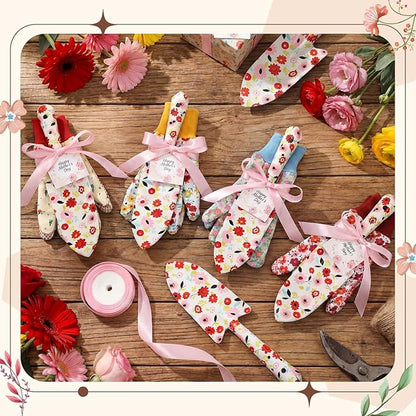 Sliner 12 Sets Floral Garden Shovels and Gloves Bulk Gardening Gift for Women, Heavy Duty Trowels with Mother's Day Cards and Bags for Mom Grandma Birthday Gift