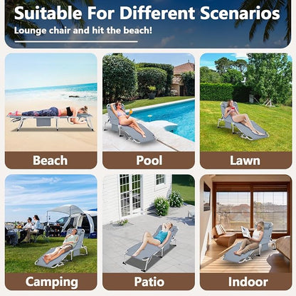HRVEOCEI 3-in-1 Sun Tanning Chair with Face Hole,Adjustable 5-Position Folding Laying Out Chairs for Tanning,Outdoor Face Down Beach Lounger Sun Bathing Lounge Chair for Pool Deck Patio (Grey)