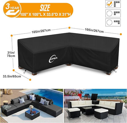 Kipiea Patio V-Shaped Sectional Sofa Cover, 420D Heavy-Duty Oxford Fabric Outdoor Sectional Cover with 6 Windproof Buckles, Anti UV and No Tears, No Fading (105"/105" L x 33.5" D x 31" H) Black