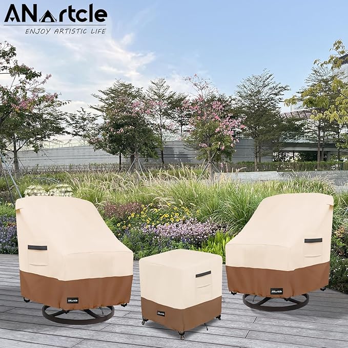 3 Pieces Patio Bistro Sets Cover,600D Waterproof Heavy Duty Patio Furniture Covers,Includes 2 Outdoor Swivel Chair Covers and 1 Patio Wicker Side Table Cover(Beige&Brown)