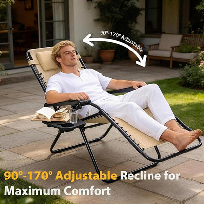 NEWBULIG Zero Gravity Chairs Set of 2, Lounge Chair Folding Portable Adjustable Camping Recliner with Adjustable Pollow, Mesh Back, Cup Holder Trays Lawn Patio Chair for Pool Beach