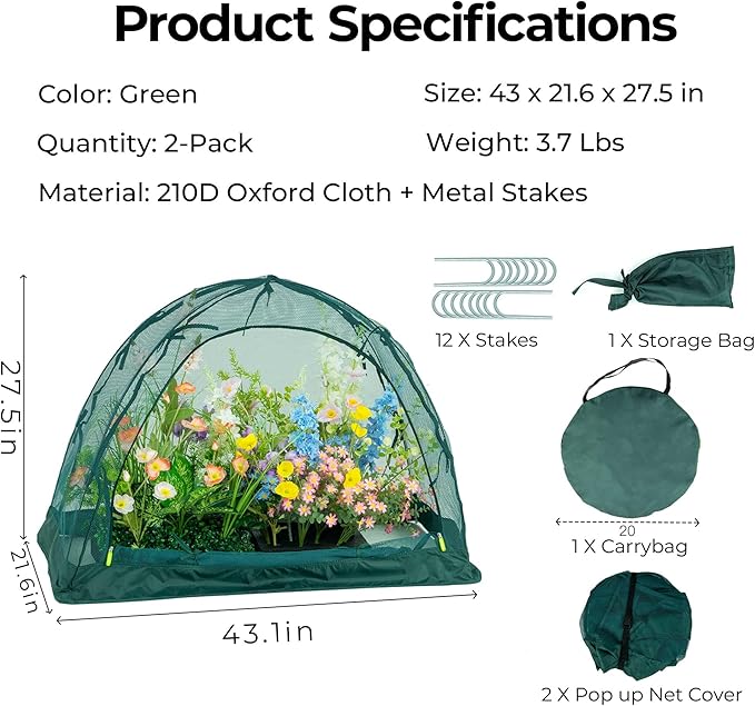 Pop up Gardening Net Cover,44x21.6x31.5 inches Pack of 2,Pest Guard Cover for Vegetables Fruits Durable Plant Gardening Net, Pop-Up Chicken Pen for Small Animals Outdoor Run and Pet Enclosure