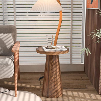 Small Round Pedestal Side Table, Wooden End Table for Living Room, Fluted Drink Table for Small Space, Modern Plant Stand Accent Table for Sofa Couch, 13.6 inch (Walnut)