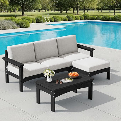 SERWALL 5-Piece Patio Sofas, All-Weather HDPE Outdoor Sectional Sofa with Cushions and Coffee Table, Large Modular Patio Conversation Set for Garden, Lawn, Deck, Porch, Black Frame with Khaki Cushion
