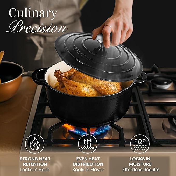 Cast Iron Pot with Lid-Non-Stick Ovenproof Enamelled Casserole Pot, Oven Safe up to 500° F-Sturdy Dutch Oven Cookware - Black, 5-Quart, 24cm-by Nuovva