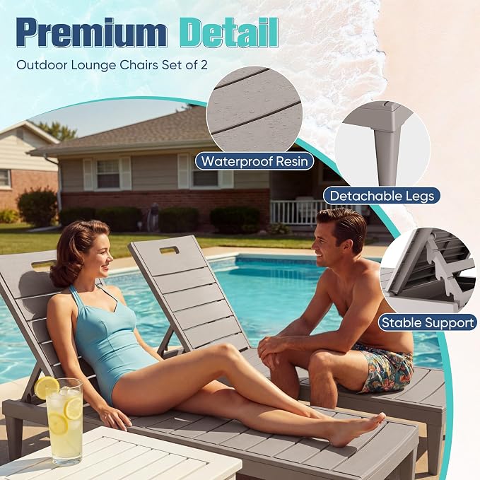 Devoko Outdoor Chaise Lounge Chair Set of 2 with 5-Position Adjustable Back, Waterproof & Lightweight PP Lounge Chairs for Outside Pool Patio (Light Brown)