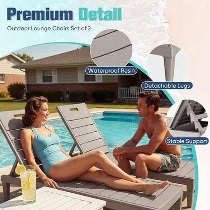 Devoko Outdoor Chaise Lounge Chair Set of 2 with 5-Position Adjustable Back, Waterproof & Lightweight PP Lounge Chairs for Outside Pool Patio (Light Brown)