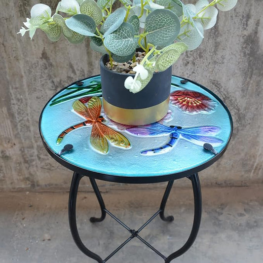 Dragonfly Patio Side Table, Small Patio Outdoor Side Table, Plant Table,Metal Glass End Table for Porch Garden Yard Pool.