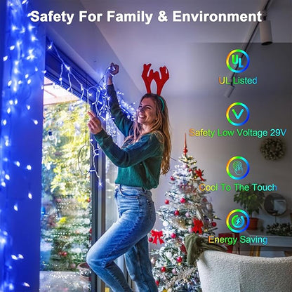 1296 LED 131FT Christmas Lights 288 Drops, Outdoor Hanging lights with 8 Modes Timer, Plug in Curtain String Lights Outdoor Waterproof for House Fence Tree Holiday Wedding Party Outside Decor (Blue)