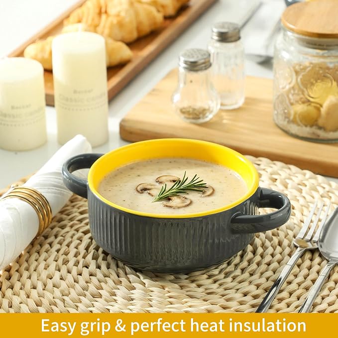 Soup Bowls with Handles, 23 oz French Onion Soup Crocks, Stackable Soup Bowl Oven Safe for Chili, Beef Stew, Embossment Ceramic Bowl Set - 5.4 Inch, Set of 4,Yellow Gray