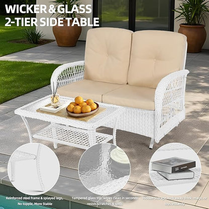 MEETWARM Wicker Patio Coffee Table, 34.5" Rectangle Outdoor Coffee Table with Tempered Glass Top and 2-Tier Storage Shelf, All-Weather Rattan Patio Side Table for Outside Poolside Deck Garden, White