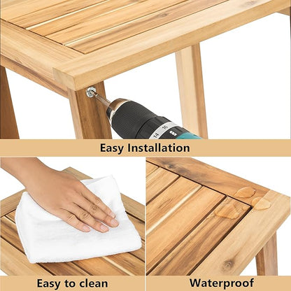VICTORY RELAX Solid Acacia Wood Side Table with 2-Tier Storage, Weather-Resistant Outdoor Indoor End Table, Light Natural Rustic Color Night Stand