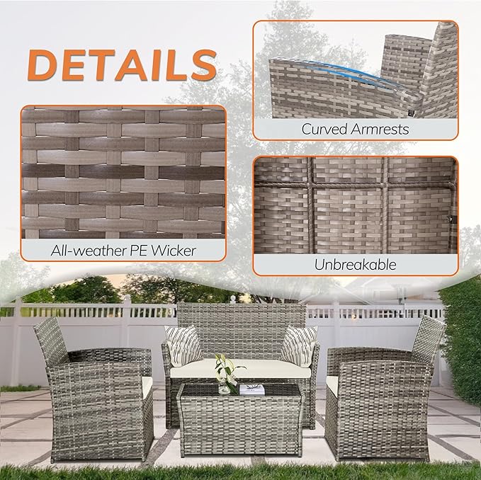 6 Piece Patio Furniture Set, Outdoor Wicker Conversation Set, Rattan Sectional Sofa Couch with Glass Coffee Table & Ottomans for Backyard, Porch, Garden, Poolside, Grey/Beige