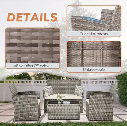 6 Piece Patio Furniture Set, Outdoor Wicker Conversation Set, Rattan Sectional Sofa Couch with Glass Coffee Table & Ottomans for Backyard, Porch, Garden, Poolside, Grey/Beige