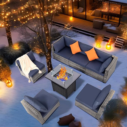 FHFO 8-Piece Patio Furniture Set with 28" Fire Pit Table, Wicker Outdoor Conversation Set Sectional Sofa with Thick Cushions & Coffee Table, for Backyard, Poolside, Garden, Grey-Blue