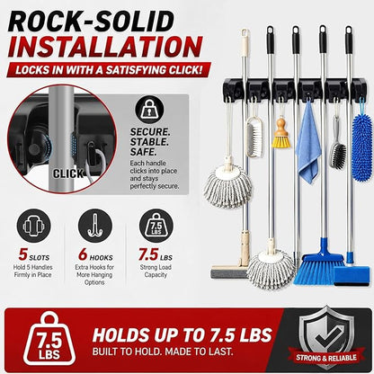 HYRIXDIRECT Broom Hanger Wall Mount Broom and Mop Organizer Wall Hanging Garden Tool Organizers Rack Garage Laundry Room Organizations and Storage with Hooks Heavy Duty