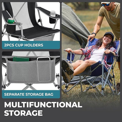 FUNDANGO Rocking Camping Chair, High Mesh Back Portable Folding Camp Chairs with Pillows, Cup Holder and Carry Bag for Lawn Patio Garden Outdoor Supports 300 Lbs (Green/Grey)