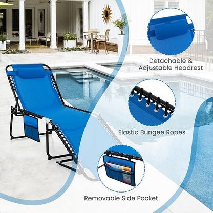 GYMAX Lounge Chairs for Outside, Extra High Folding Beach Tanning Lounger with Adjustable Backrest, Footrest & Removable Pillow, Sunbathing Lounge for Patio, Poolside (2, Navy with Pocket)