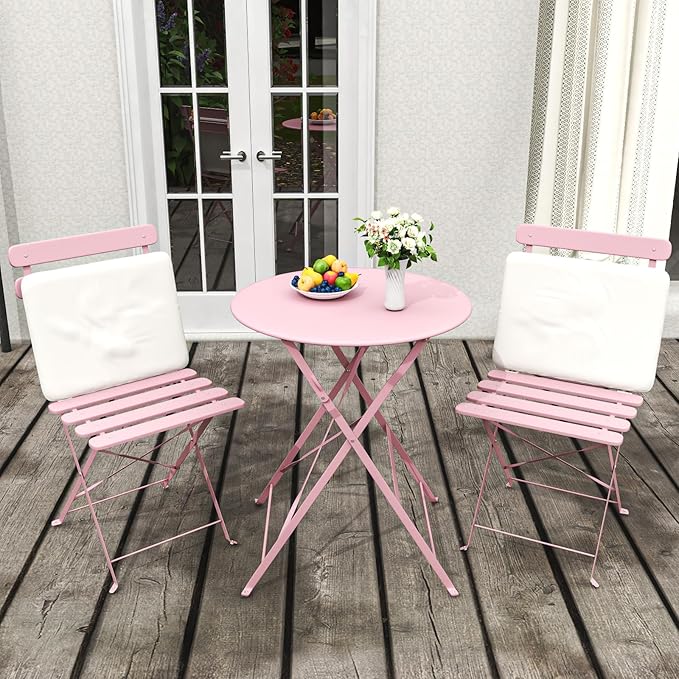 3-Piece Patio Bistro Set Outdoor Furniture Set Folding Bistro Table and Chairs with Premium Steel Frame Weather Resistant Conversation Set for Bistro Balcony Porch Yard Garden(pink with cushion)