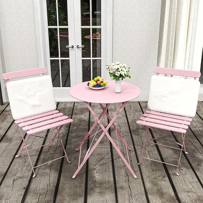 3-Piece Patio Bistro Set Outdoor Furniture Set Folding Bistro Table and Chairs with Premium Steel Frame Weather Resistant Conversation Set for Bistro Balcony Porch Yard Garden(pink with cushion)